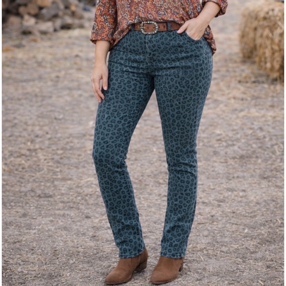 Pilcro Womens Jeans 31 Stet Teal Blue Flocked Velvet Leopard Animal Boho Western